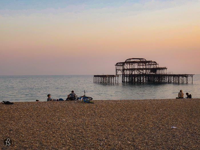 Abandoned West Pier In Brighton At Sunset, Warm Blue Colors. Soft