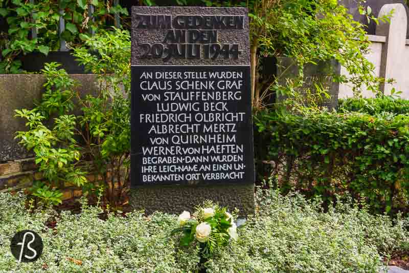 After the executions, General Friedrich Fromm ordered that the executed officers be buried with military honours. The immediate burial took place in the Alter St.-Matthäus-Kirchhof in Schöneberg, here in Berlin. But, by the next day, Fromm was arrested, and Claus von Stauffenberg's body was exhumed by the SS, stripped of his insignia and medals and cremated, never to be found again.