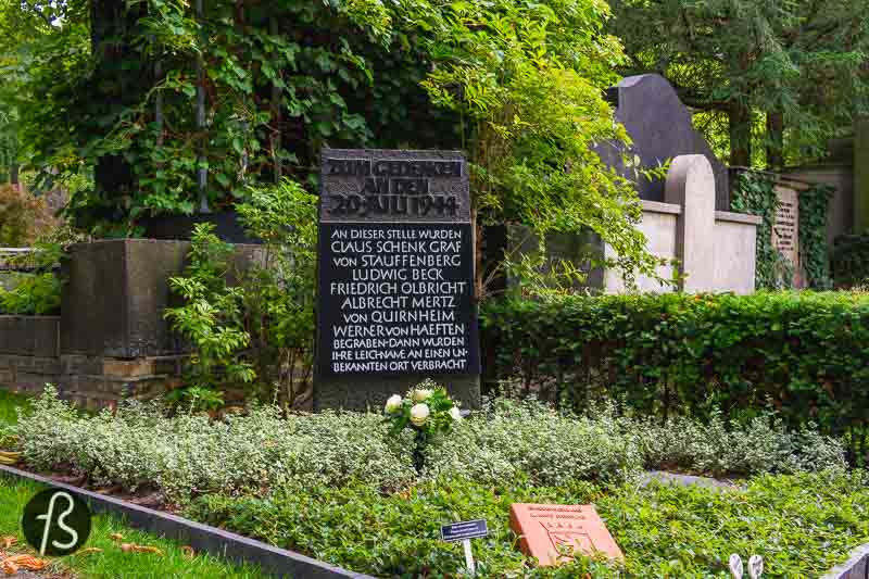 After the executions, General Friedrich Fromm ordered that the executed officers be buried with military honours. The immediate burial took place in the Alter St.-Matthäus-Kirchhof in Schöneberg, here in Berlin. But, by the next day, Fromm was arrested, and Claus von Stauffenberg's body was exhumed by the SS, stripped of his insignia and medals and cremated, never to be found again.
