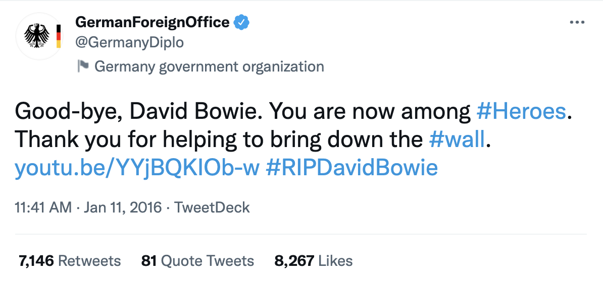 tweet about david bowie from german government - bowie in berlin, heroes and the berlin wall
