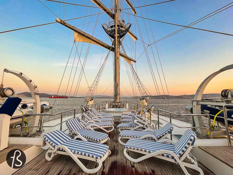 If you are looking for a cruise experience throughout the Greek islands, Running on Waves is the ship for you. This luxurious ship is surprisingly intimate, and there is no better way to experience the blue waters.